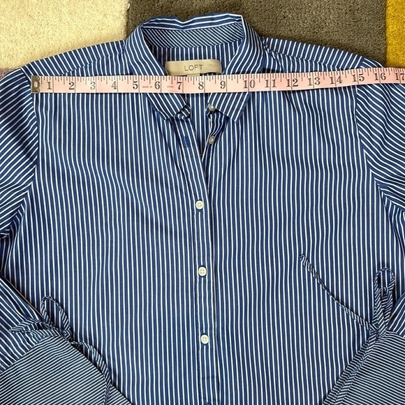 Loft Pin Stripe Bell Sleeve Button Front Blue White Top - Picture 6 of 17